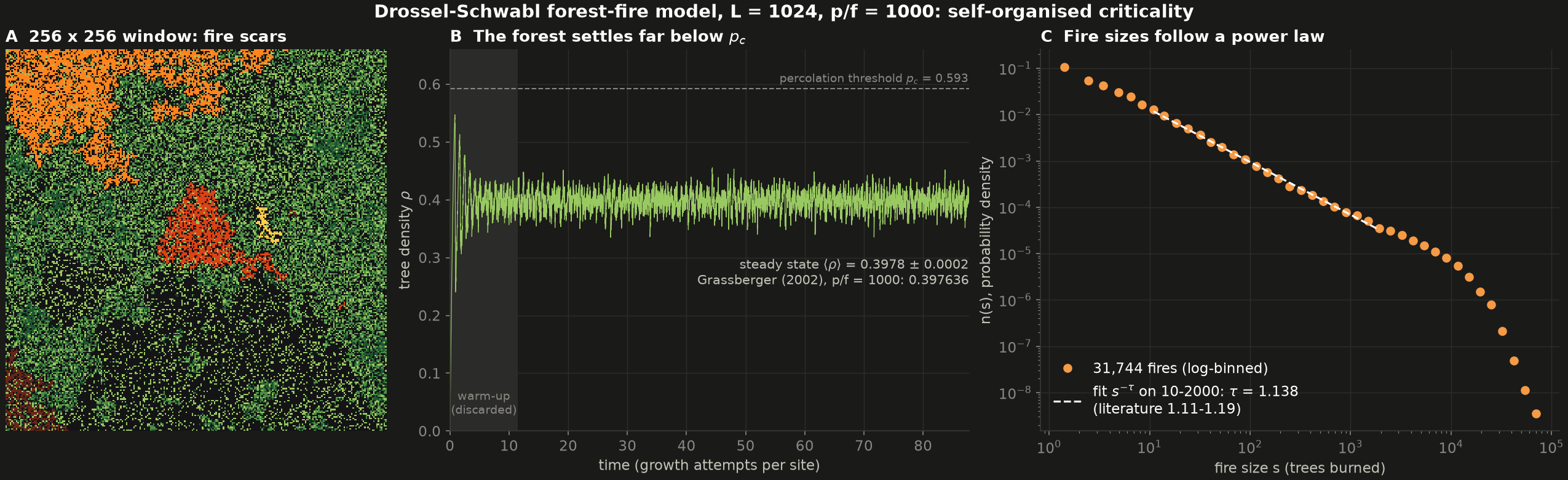 Drossel-Schwabl: fire scars, density time series and fire-size distribution